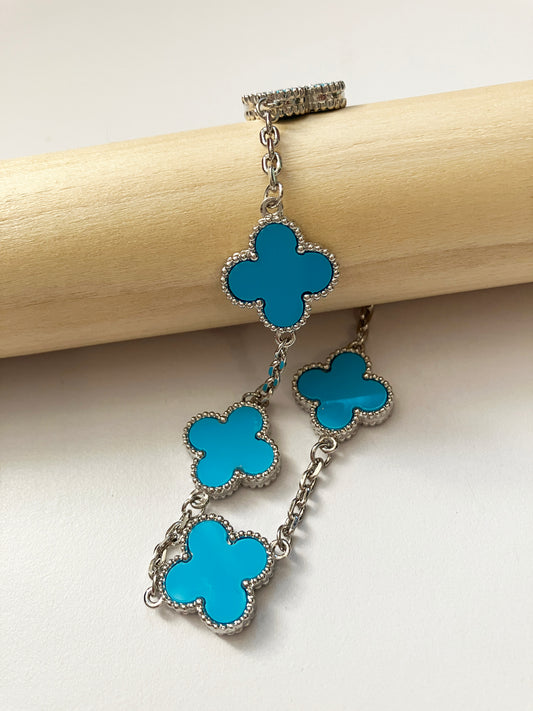 Adjustable 8.5" Turquoise Quatrefoil Bracelet in Silver