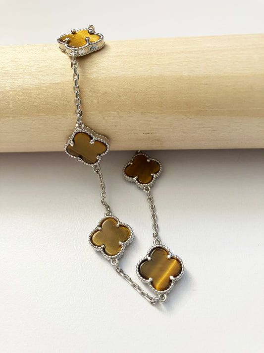 Adjustable 7.5" Tiger Eye Quatrefoil Bracelet