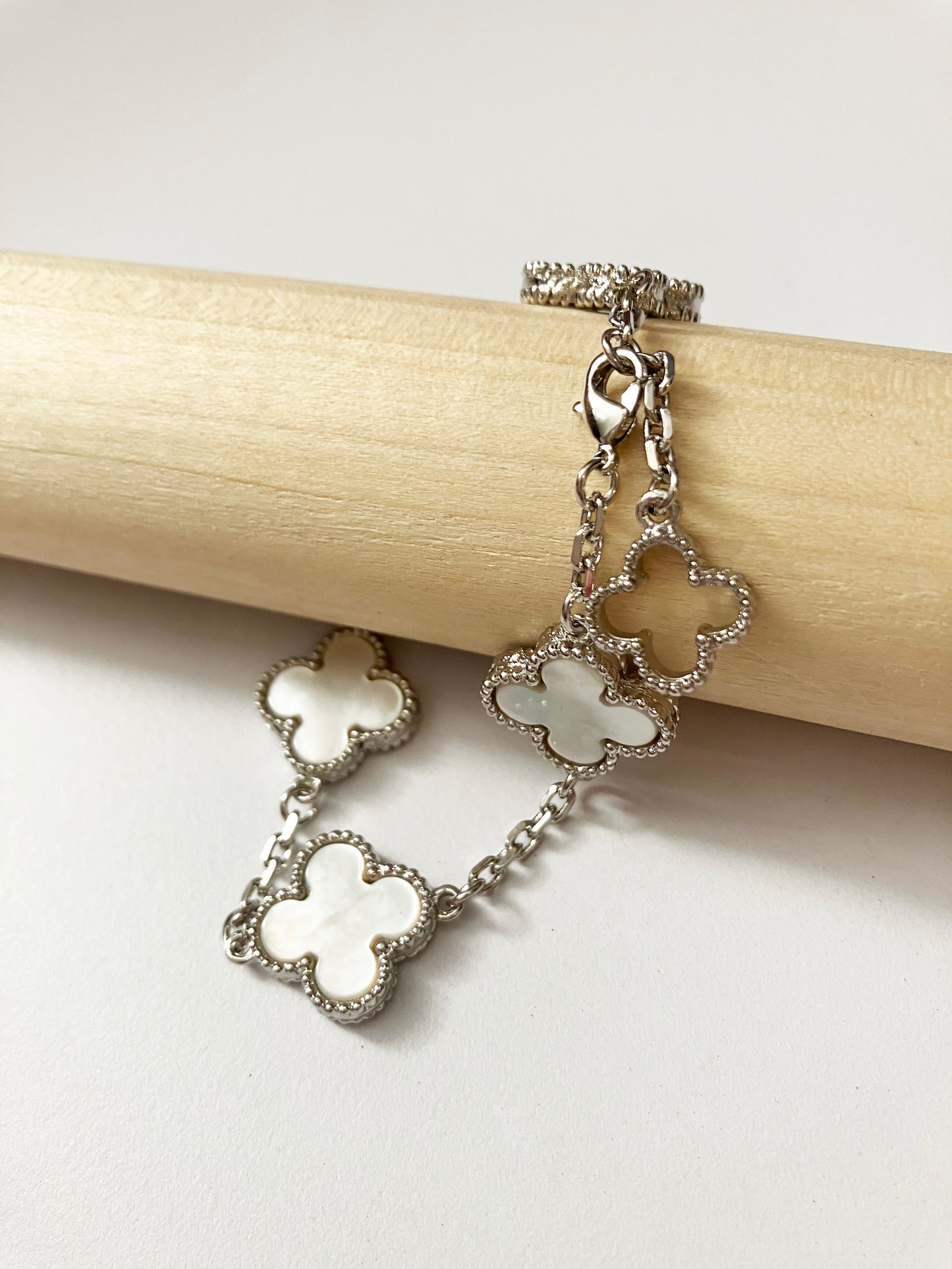 Adjustable 7.5" Mother of Pearl Quatrefoil Bracelet with Openwork Charm Clasp