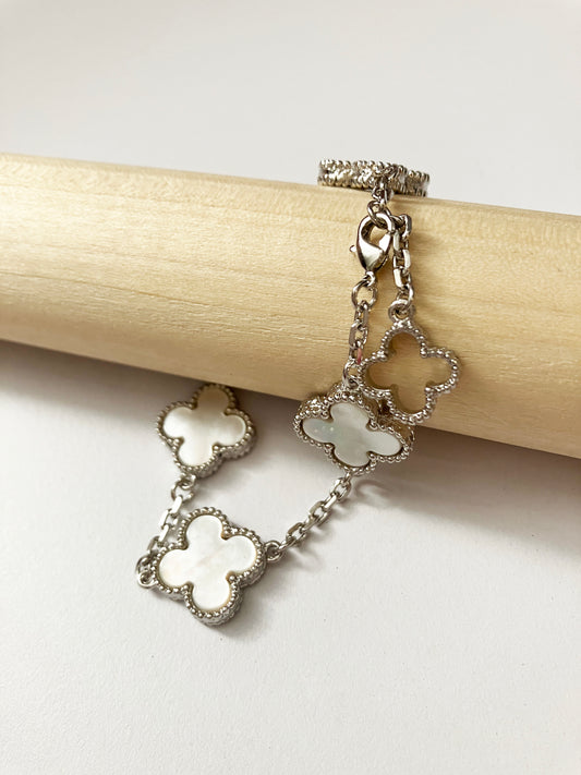 Adjustable 7.5" Mother of Pearl Quatrefoil Bracelet with Openwork Charm Clasp