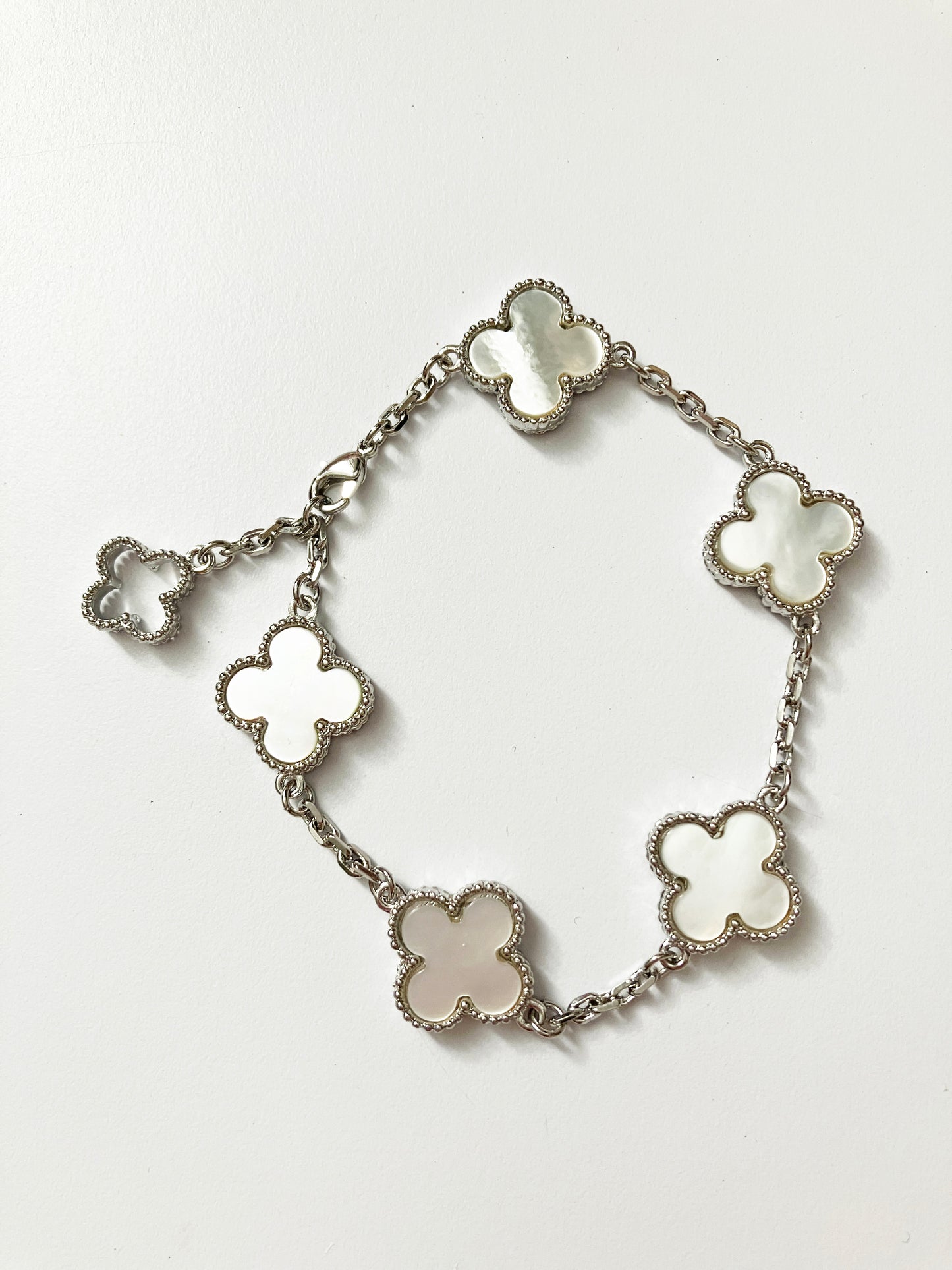 Adjustable 7.5" Mother of Pearl Quatrefoil Bracelet with Openwork Charm Clasp