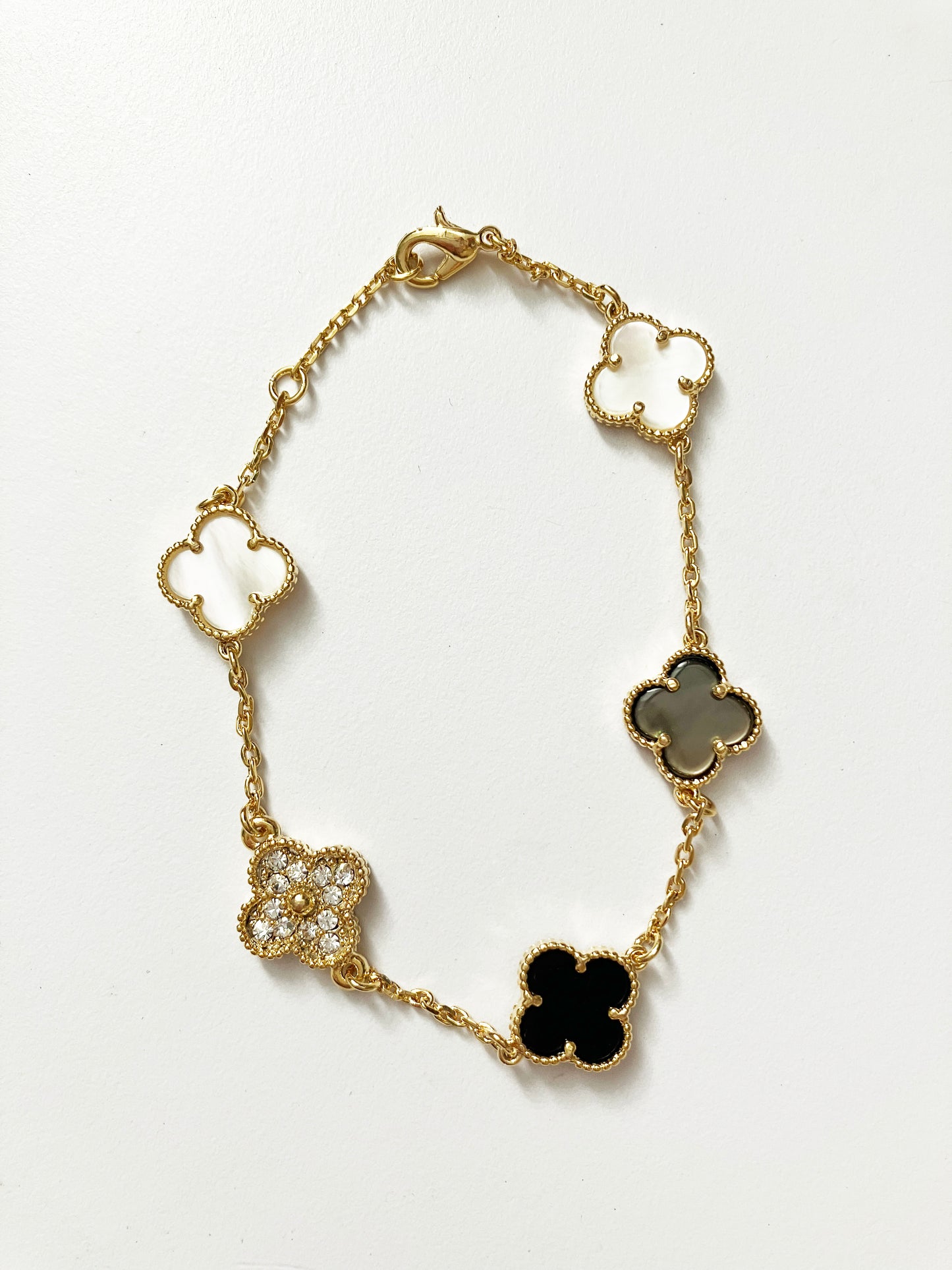 Adjustable 7.5" Onyx, Cubic Zirconium, Mother of Pearl Quatrefoil Bracelet