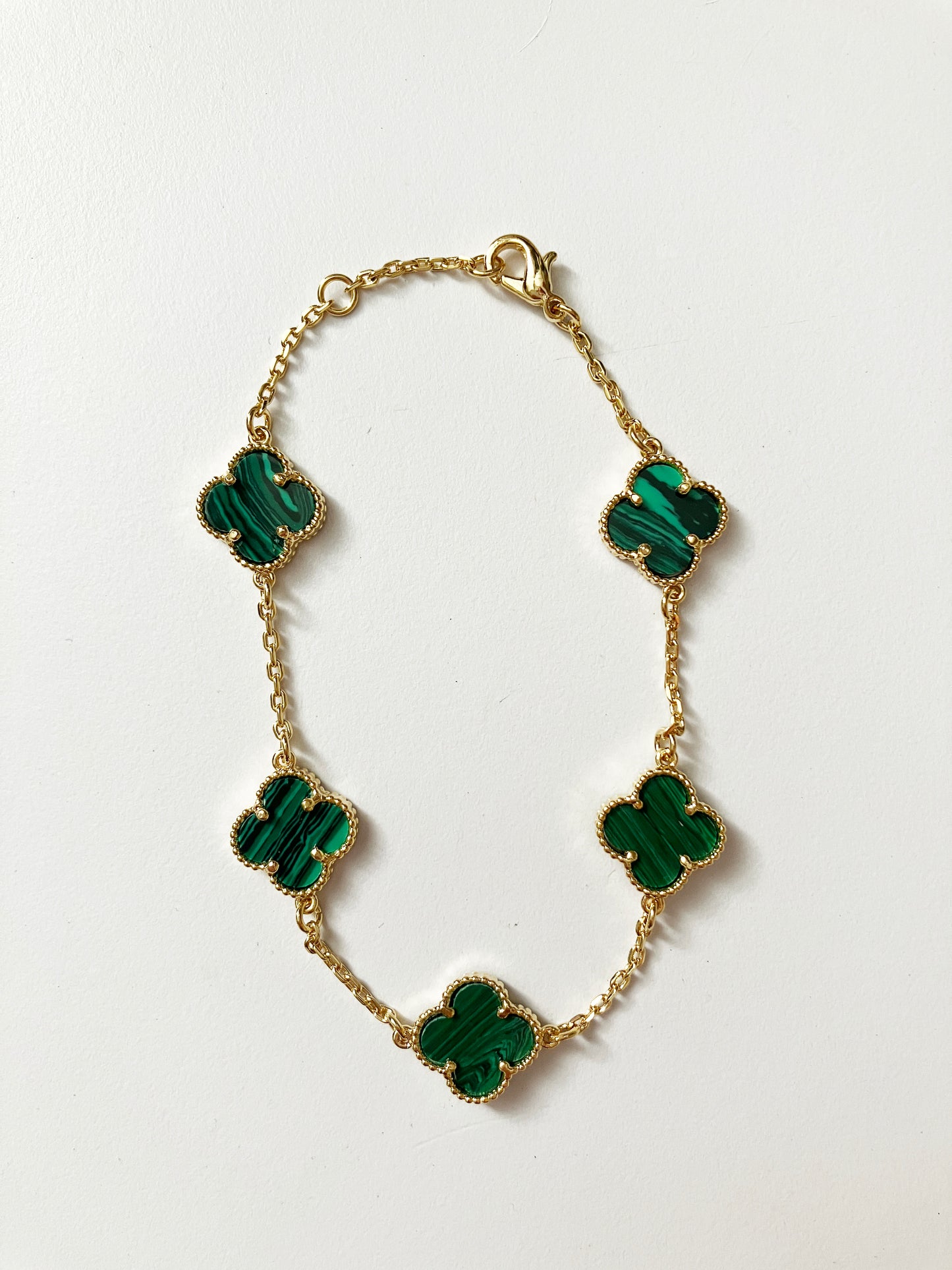Adjustable 7.5" Malachite Quatrefoil Bracelet