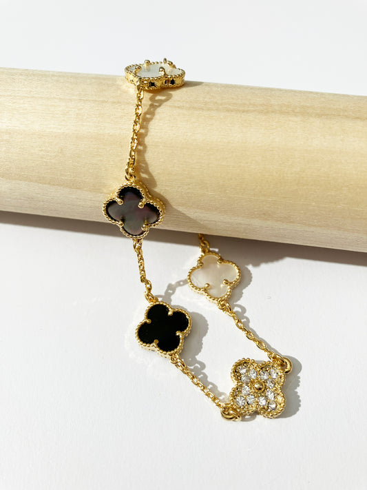 Adjustable 7.5" Onyx, Cubic Zirconium, Mother of Pearl Quatrefoil Bracelet