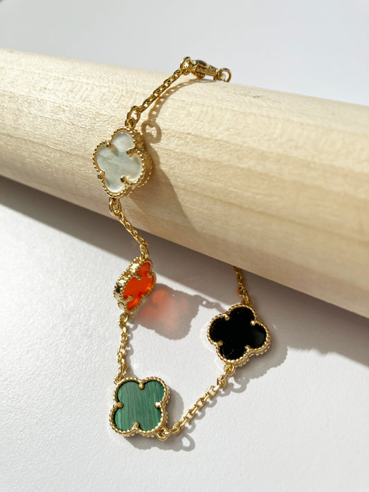 Adjustable 7.5" Onyx, Carnelian, Malachite and Mother of Pearl Quatrefoil Bracelet
