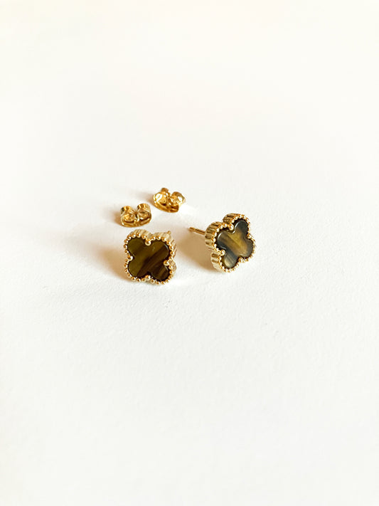 Bijou Tiger Eye Quatrefoil Stud Earrings in Gold