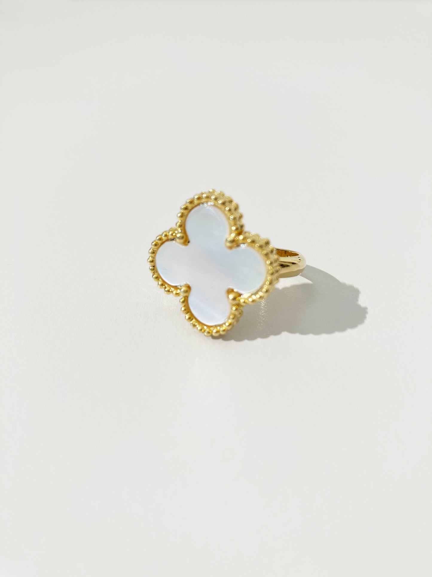 Adjustable Demi Mother of Pearl Quatrefoil Motif Ring in Gold