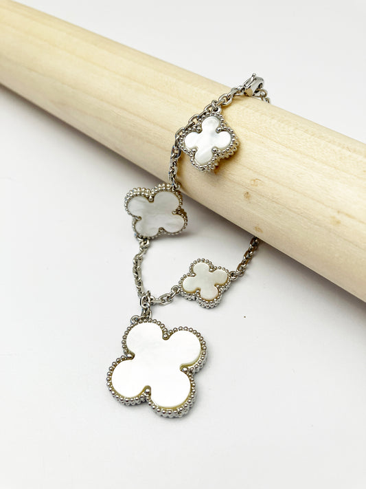 Mother of Pearl Quatrefoil Motif Charm Bracelet in Silver