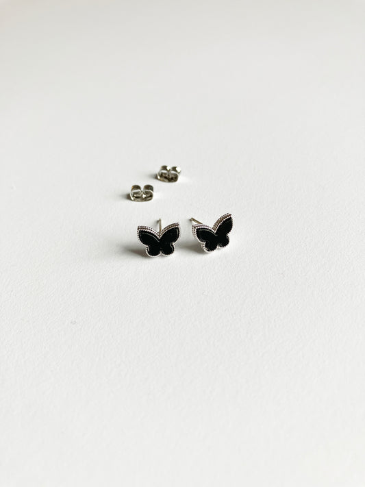 Mini Onyx Butterfly Earrings in Silver