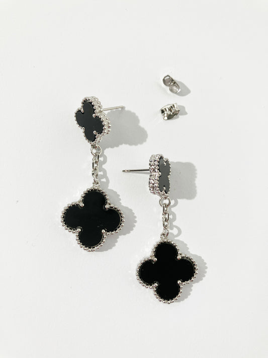 Drop Onyx and Silver Quatrefoil Motif Earrings