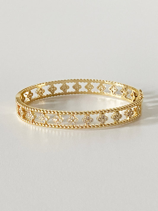 Large Floral Openwork Bangle in Gold and Cubic Zirconia