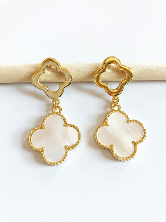 Gold Openwork and Mother of Pearl Quatrefoil Double-drop Earrings