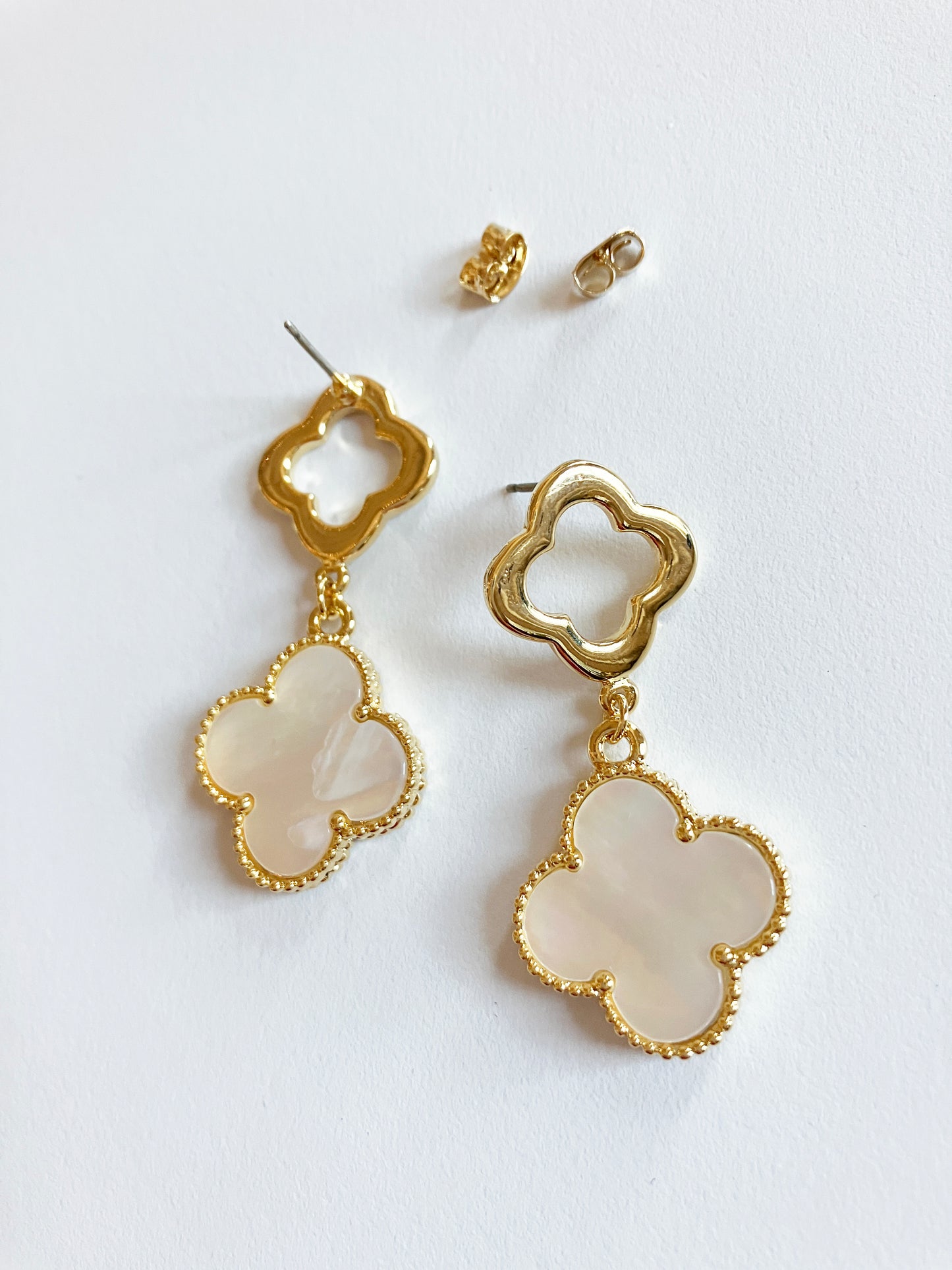 Gold Openwork and Mother of Pearl Quatrefoil Double-drop Earrings