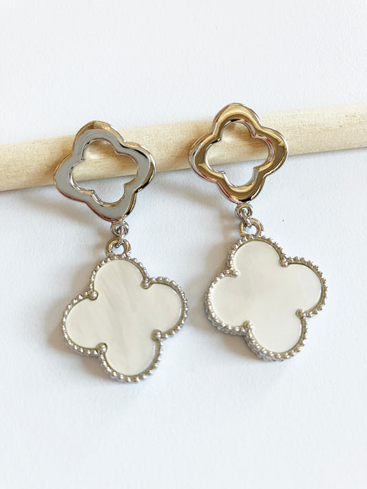 Silver Openwork and Mother of Pearl Quatrefoil Double-drop Earrings