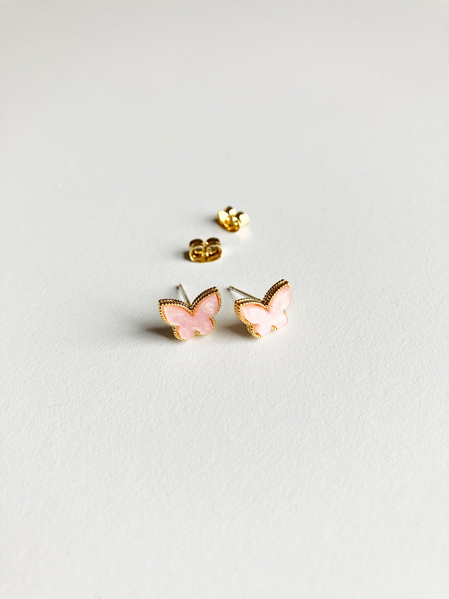 Mini Pink Mother of Pearl Butterfly Earrings in Gold