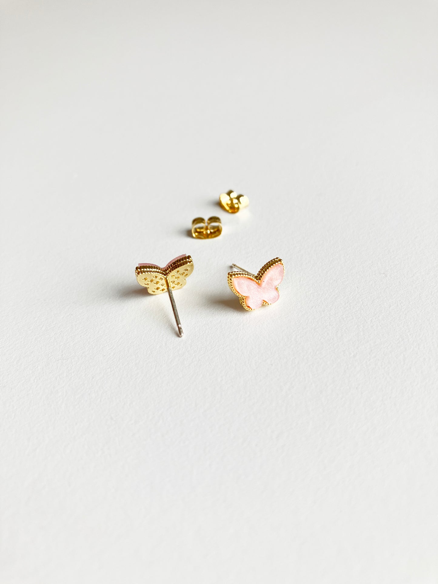 Mini Pink Mother of Pearl Butterfly Earrings in Gold