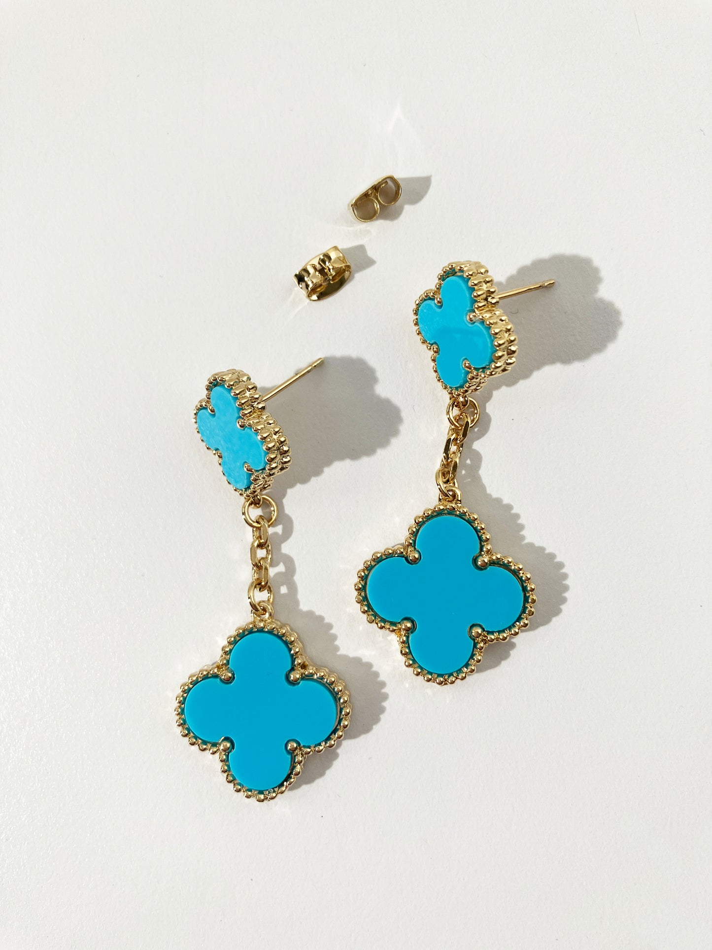 Drop Turquoise and Gold Quatrefoil Motif Earrings