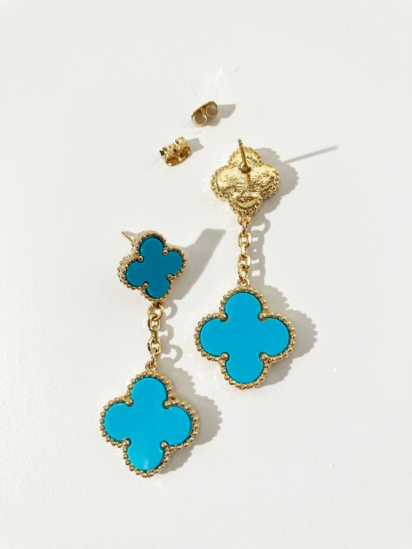 Drop Turquoise and Gold Quatrefoil Motif Earrings