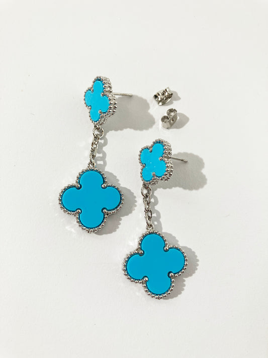Drop Turquoise and Silver Quatrefoil Motif Earrings